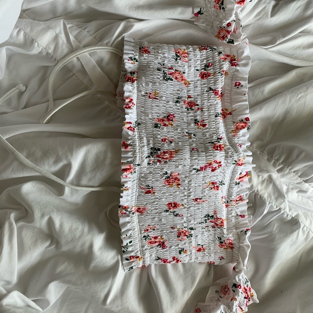 White and Pink Floral Bikini Top